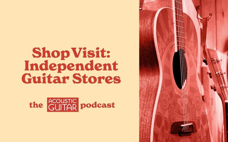 Red-filtered photo of guitars hanging in a music store, with the text "Shop Visit: Independent Guitar Stores" and the Acoustic Guitar Podcast logo