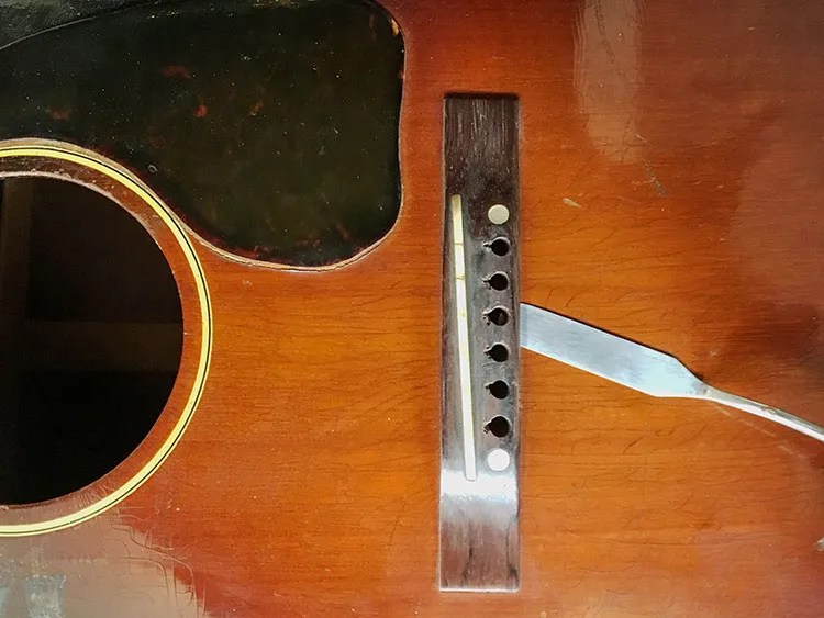 close up of a Gibson guitar bridge