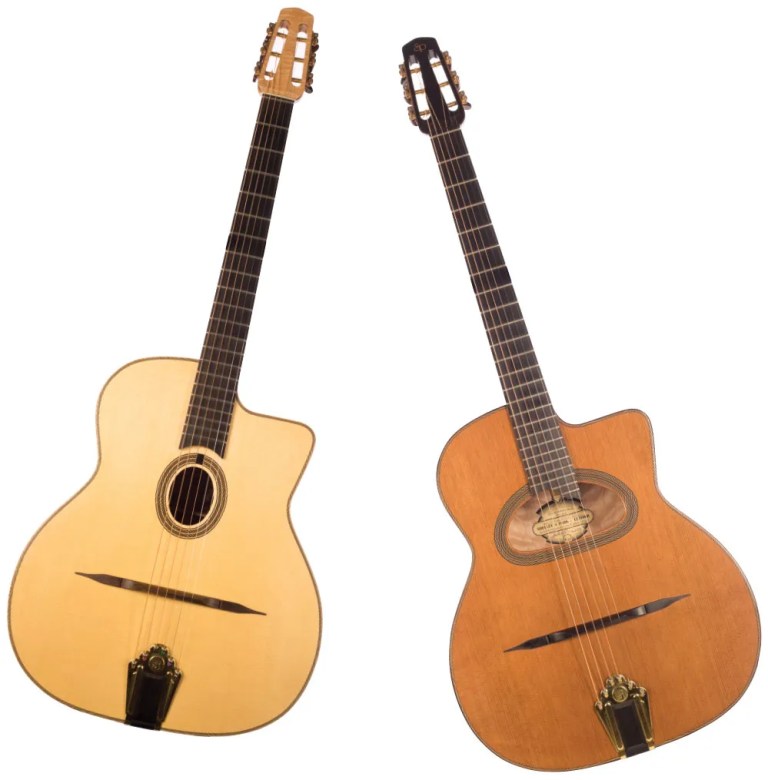 a pair of Selmer-style guitars, hand-built by North Vancouver-based luthier Shelley D. Park