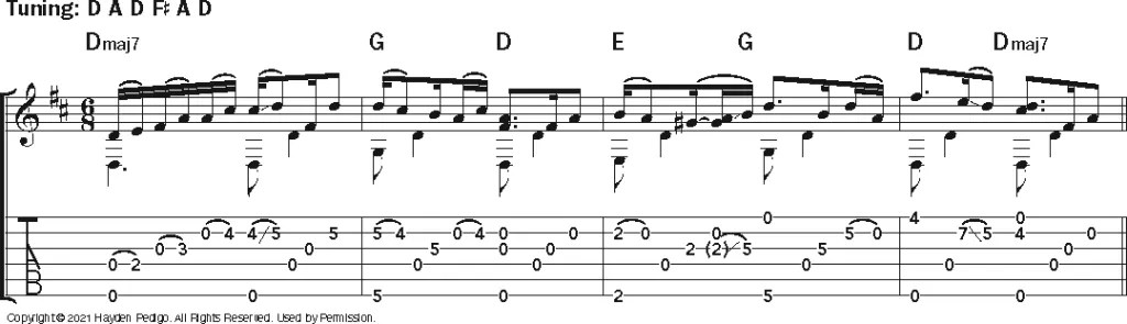 Musical example: guitar notation and tablature demonstrating the style of Hayden Pedigo.