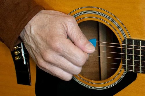 Close up of hand playing an acoustic guitar with a pick