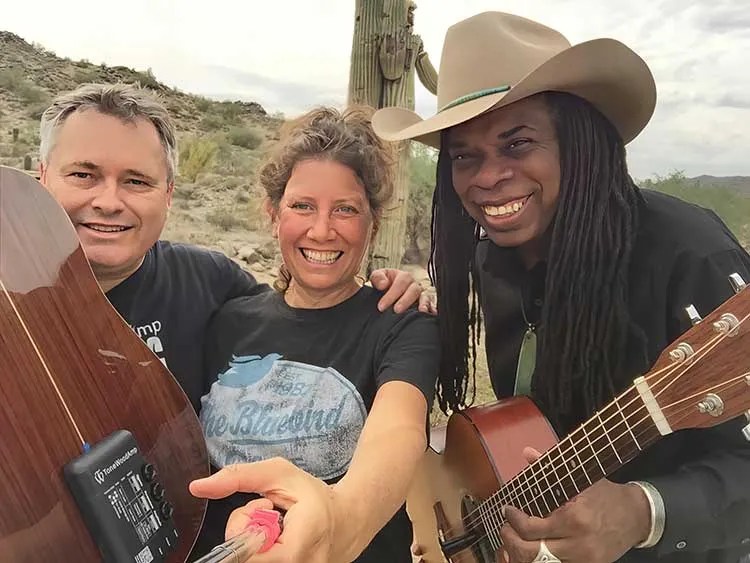 ToneWoodAmp inventors Helene and Ofer Webman with guitarist Larry Mitchell