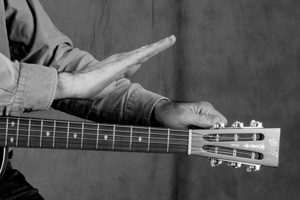 closeup of guitar fretboard and headstock