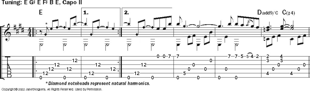 Musical example: guitar notation and tablature demonstrating the style of Janet Noguera