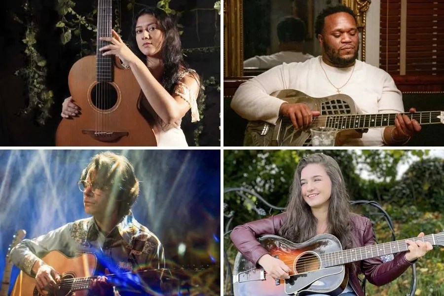 Clockwise from top left, guitarists Janet Noguera, Jontavious Willis, Muireann Bradley, and Hayden Pedigo