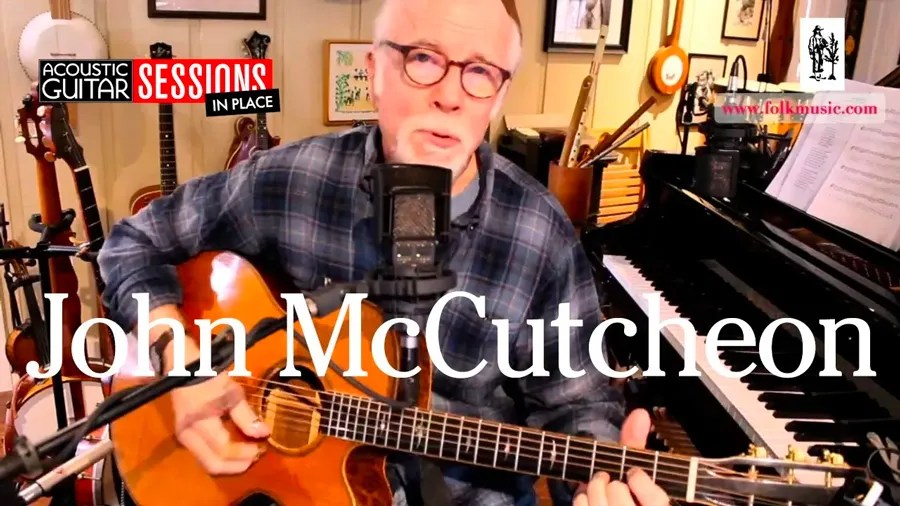 Video screen grab of John McCutcheon in his home studio in Smoke Rise, Georgia