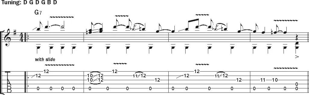 Musical example: guitar notation and tablature demonstrating the style of Jontavious Willis