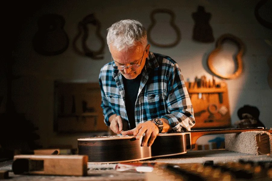 Guitar maker George Lowden in his shop.