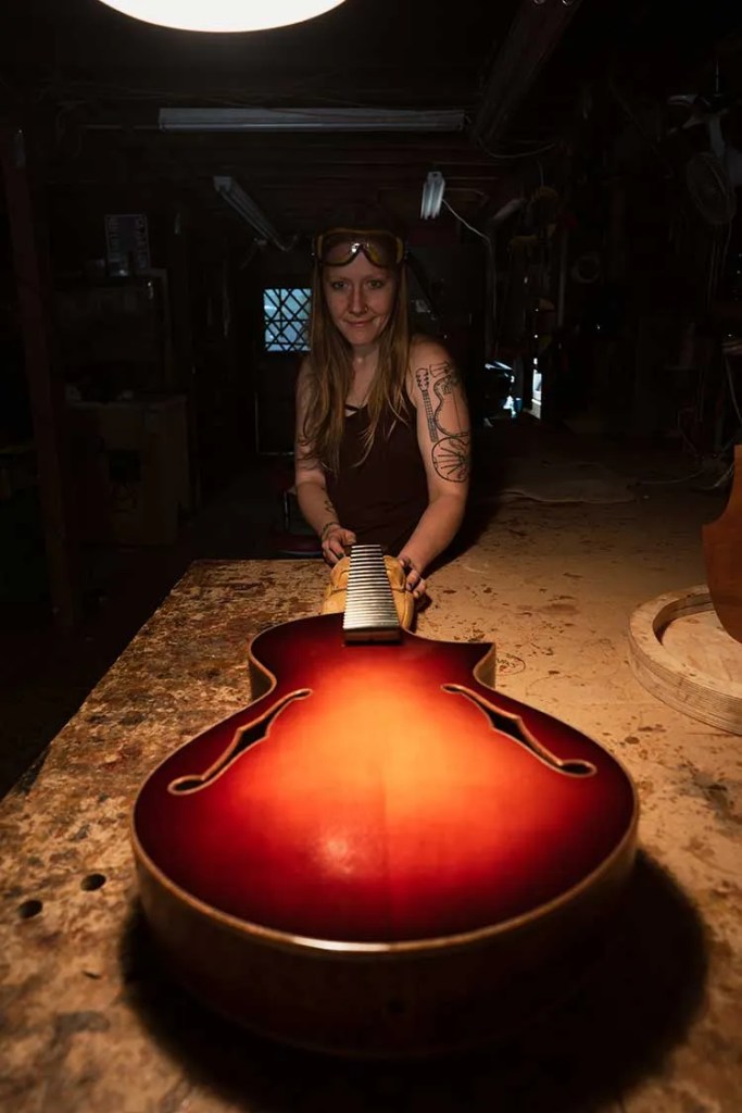 Maegen Wells shows off a recent archtop guitar build with a beautiful sunburst finish