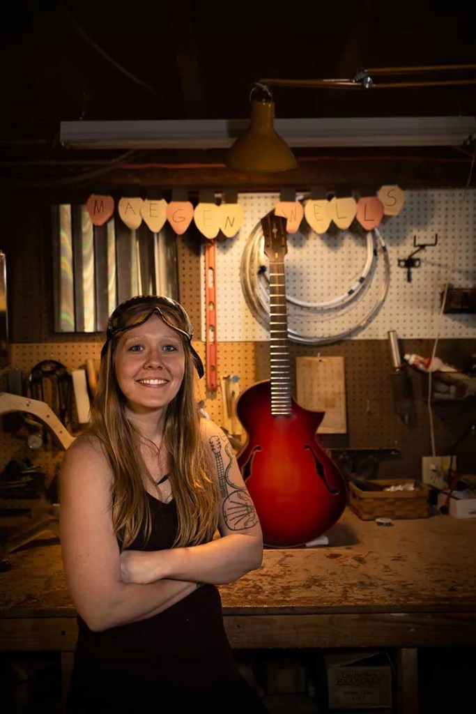 Guitar luthier Maegen Wells in her Forestville, CA, workshop