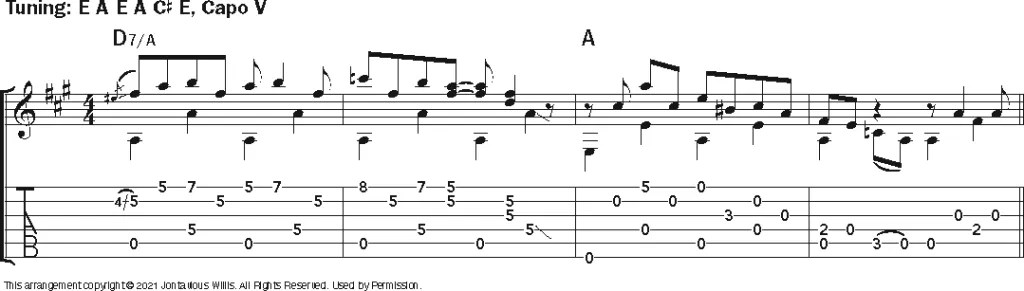 Musical example: guitar notation and tablature demonstrating the style of Muireann Bradley