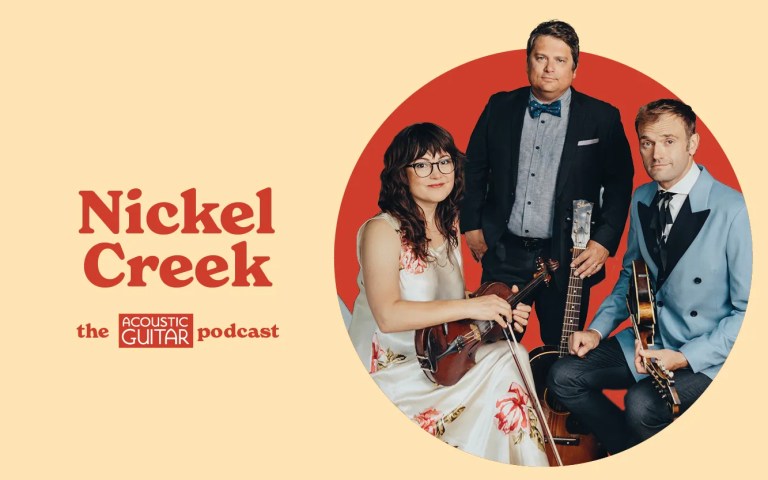 Group photo featuring Sara Watkins, Sean Watkins, and Chris Thile of Nickel Creek on a warm yellow background with the Acoustic Guitar Podcast logo