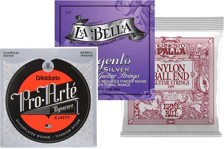 collage showing three different packages of nylon guitar strings