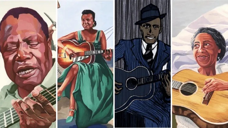 four portrait illustrations in a side-by-side grid depicting Booker White, Memphis Minnie, Robert Johnson, and Elizabeth Cotten all playing acoustic guitars