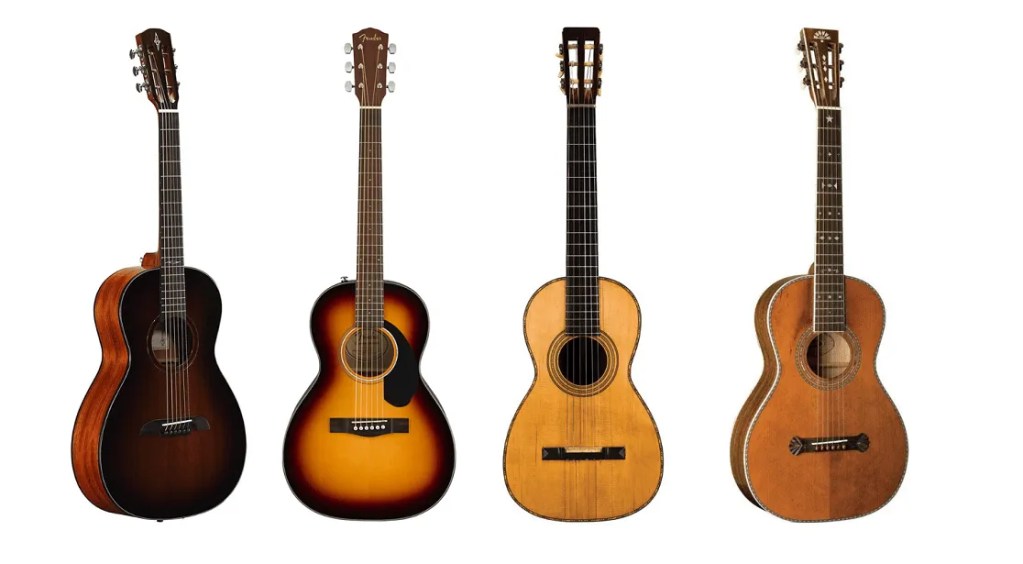 a line up of parlor guitar models fender alvarez washburn and martin