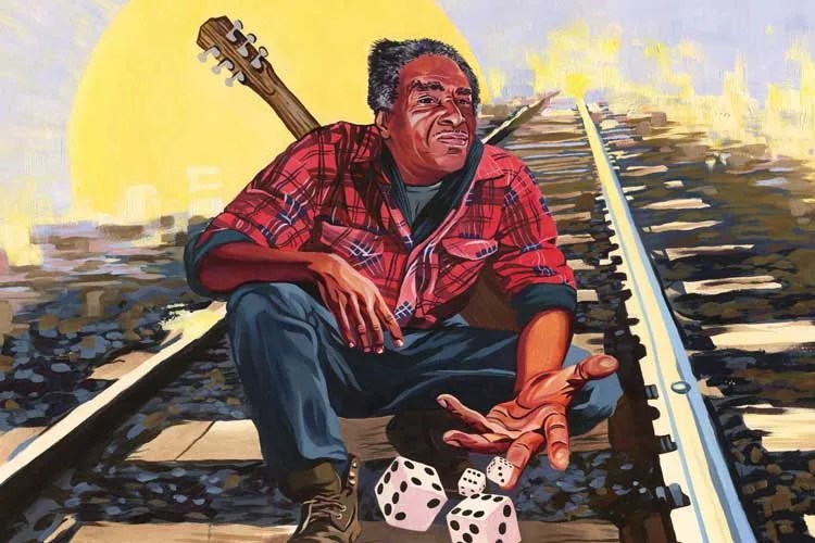 Illustration of R.L. Burnside rolling dice on the train tracks with an acoustic guitar slung over his back.