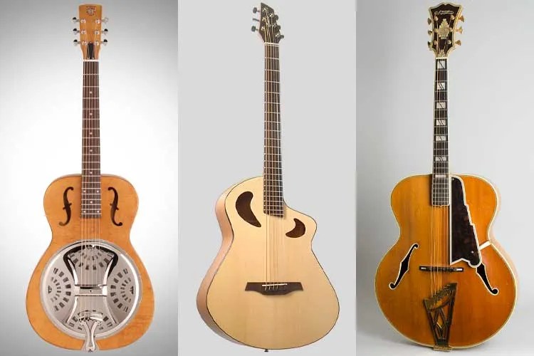 a collage showing three guitars: a resonator, a baritone, and an archtop