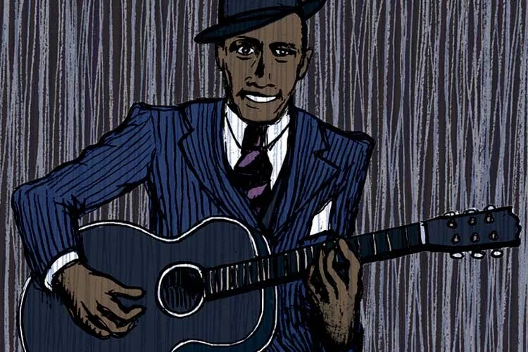 Illustration of Robert Johnson with guitar.