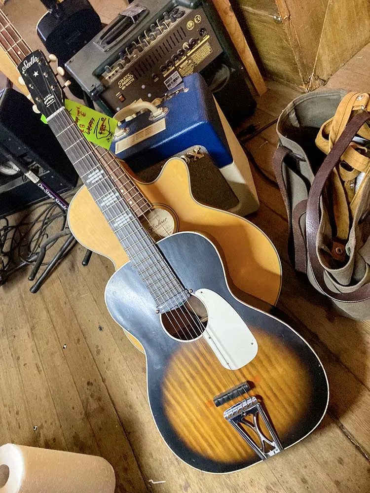 A Stella guitar with a rubber-bridge modification on display at Reuben Cox’s Old Style Guitar Shop in Los Angeles.