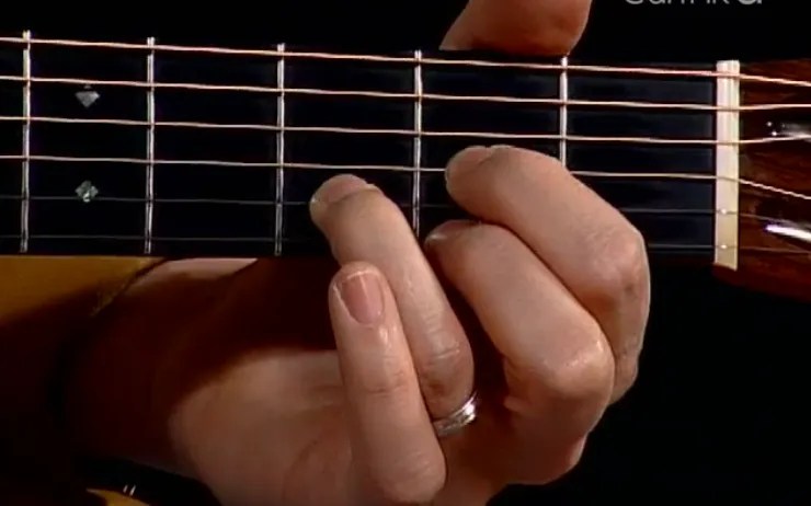 closeup of hand playing a chord on guitar fretboard