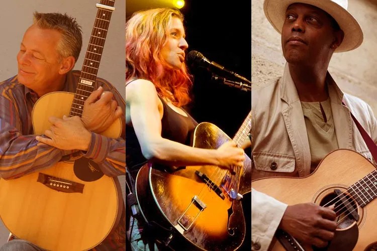 A collage of three acoustic guitarists: Tommy Emmanuel, Ani DiFranco, and Eric Bibb