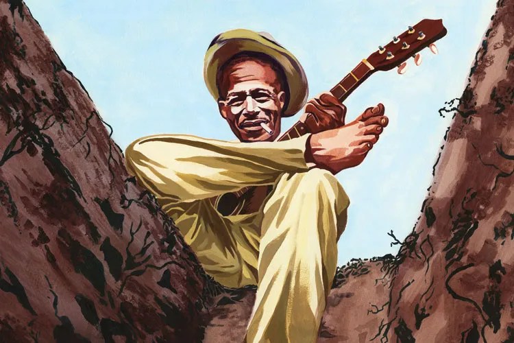 Illustration of Son House playing his acoustic guitar with his right ankle crossed over his left knee