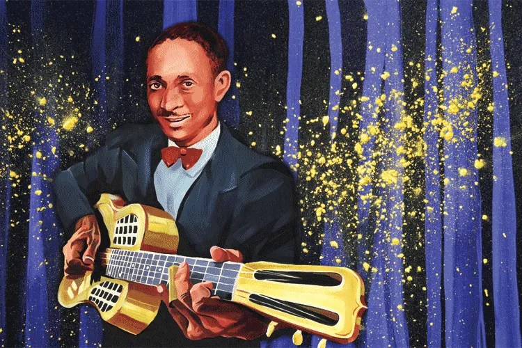 Illustration of Tampa Red with a golden resonator guitar