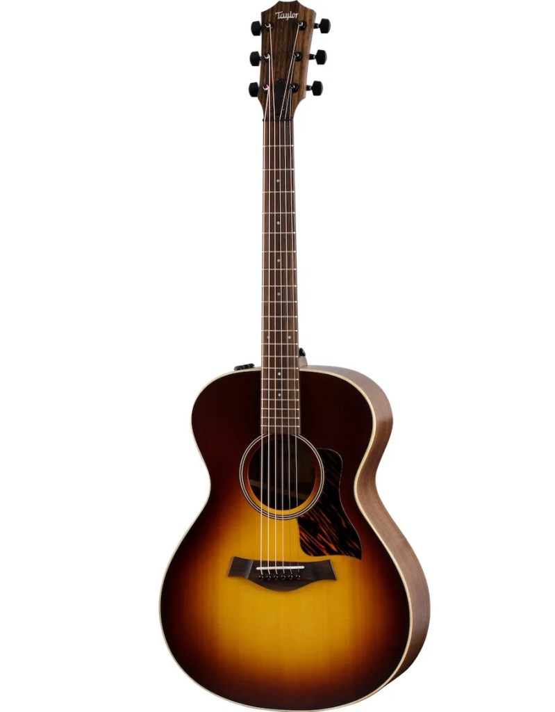 Full front shot of Taylor's AD12e-SB guitar. 