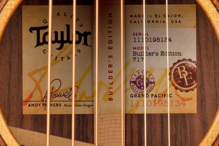 Soundhole label on a Taylor Grand Pacific 717 Builder’s Edition acoustic guitar