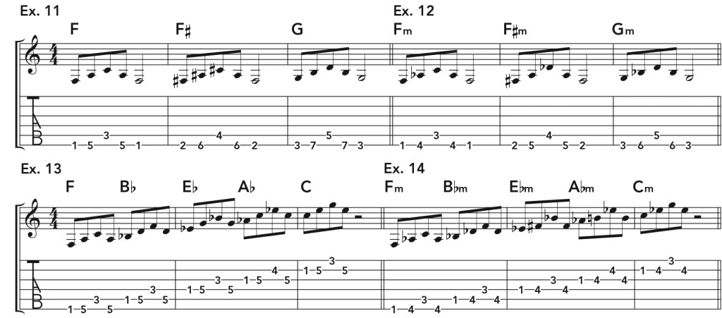 How to build a guitar warm-up routine music notation examples 11–13