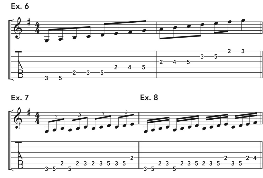 How to build a guitar warm-up routine music notation examples 6–8