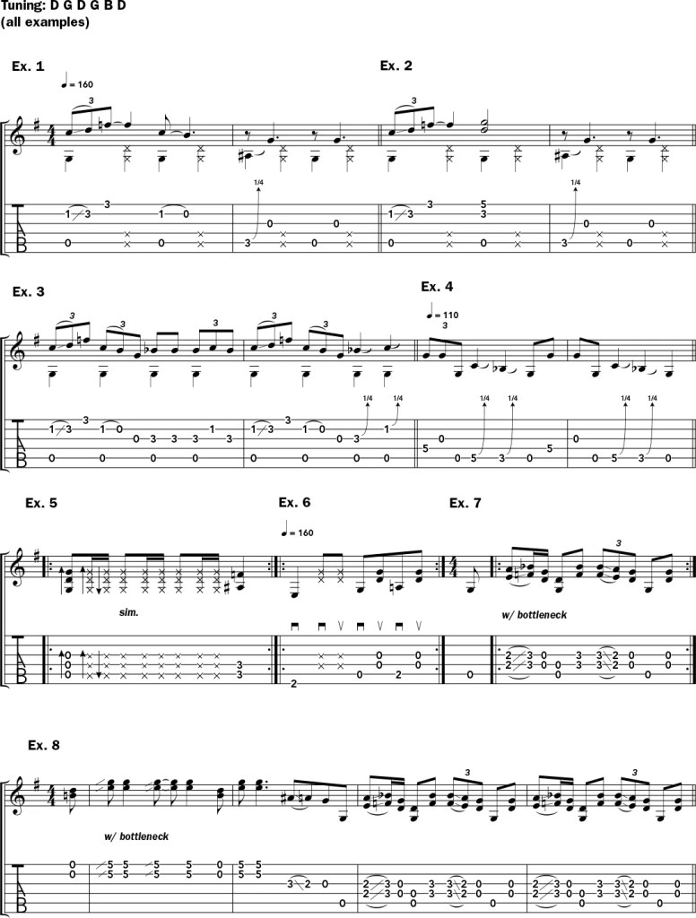 How to Play the Blues Like R.L. Burnside guitar lesson musical notation examples 1–8