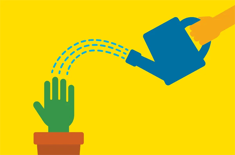 Artist's rendering of a watering can pouring water on a plant that is actually a hand.