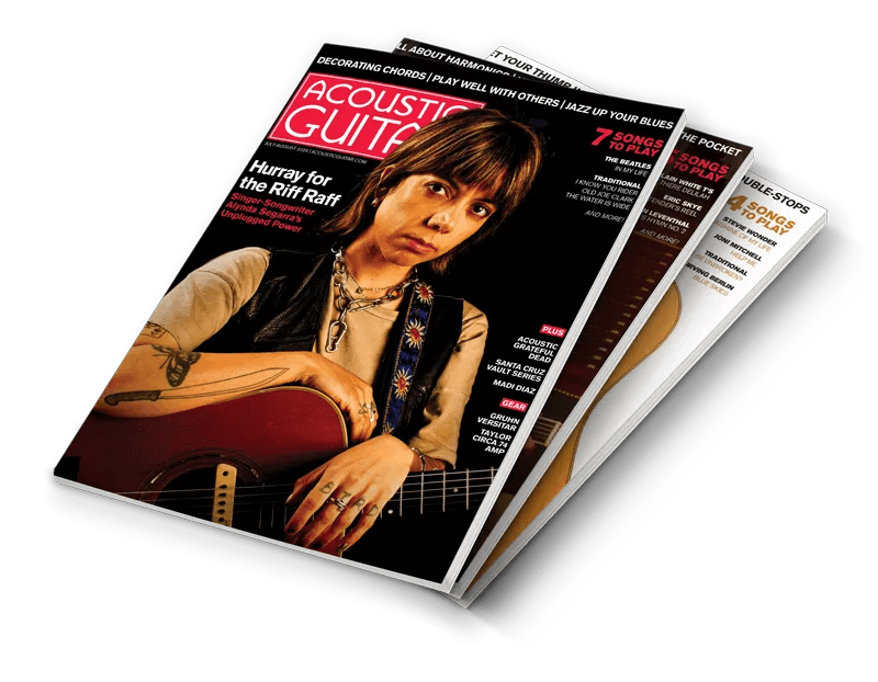 Stack of Acoustic Guitar magazines, with the Hurray for the Riff Raff cover on top