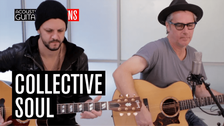 Collective Soul members Ed Roland and Jesse Triplett perform in the Acoustic Guitar studio