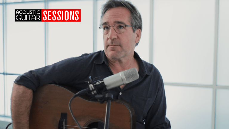 Singer-songwriter Richard Shinell performs a song in the Acoustic Guitar studios